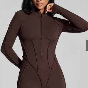 Brown Long Sleeve Zip-Up Bodysuit